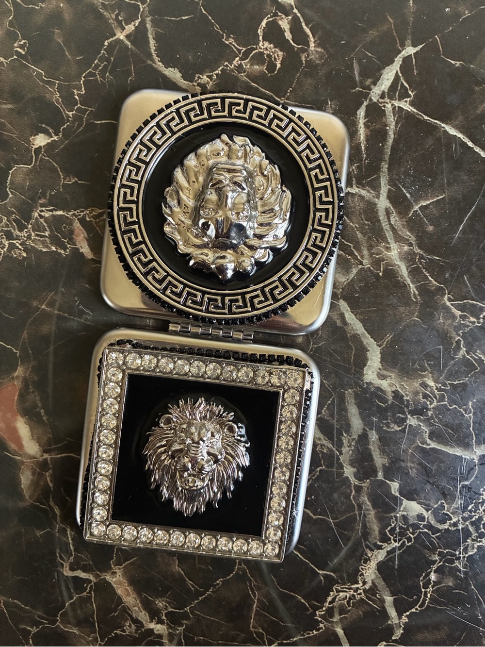 Silver Lion Emblem Compact Mirrors - Black Accents handmade by me